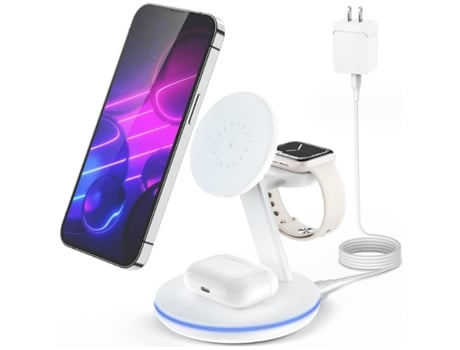 Estación de carga inalámbrica magnética para Apple Series 15W Mag-Safe 3 en 1 Soporte de cargador rápido con adaptador Qc3.0 Blanco