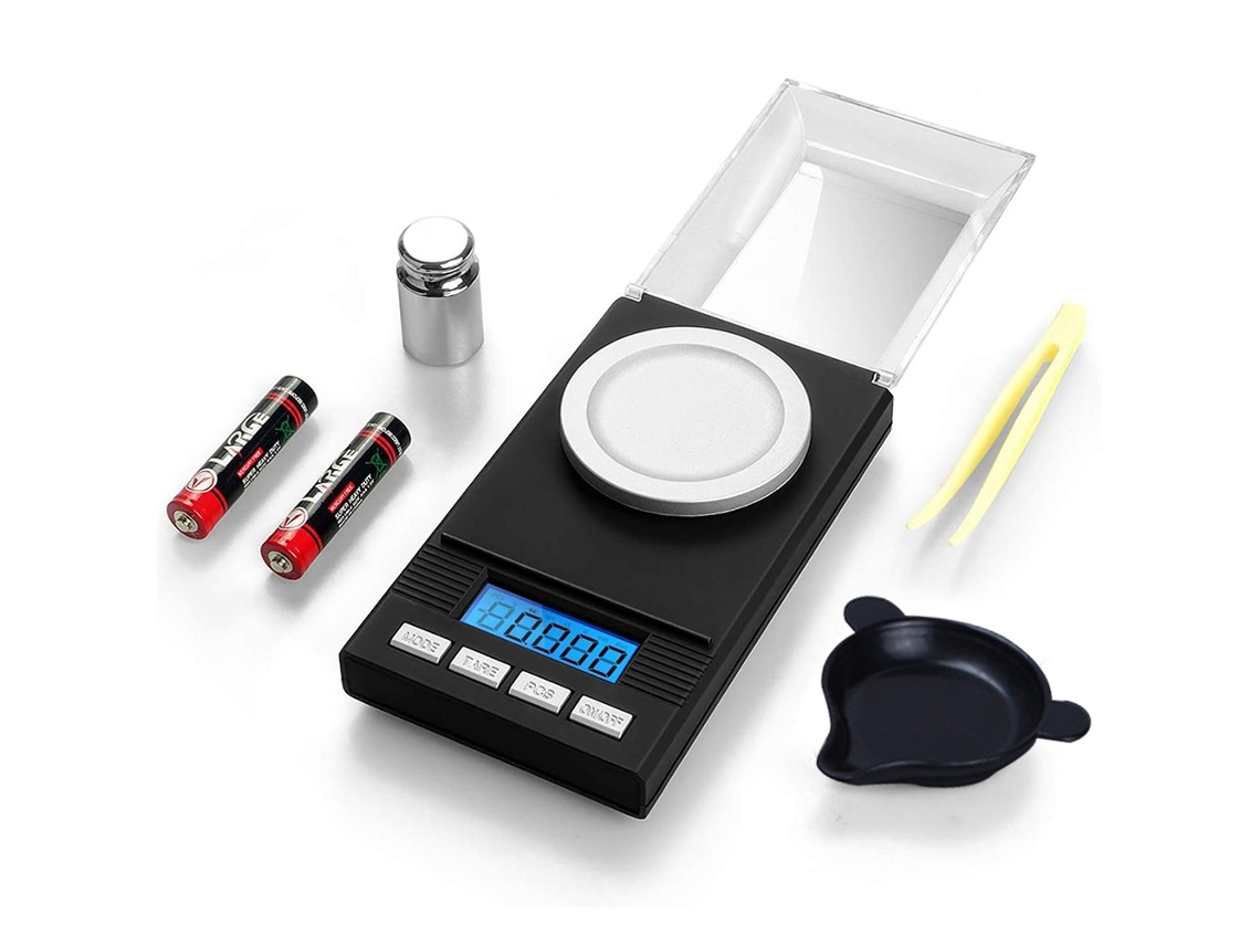 Báscula digital de precisión de 0,001 g x 50 g, minibáscula electrónica para joyería, monedas, repuestos y cocina con pesas de calibración, pinzas y bandejas.