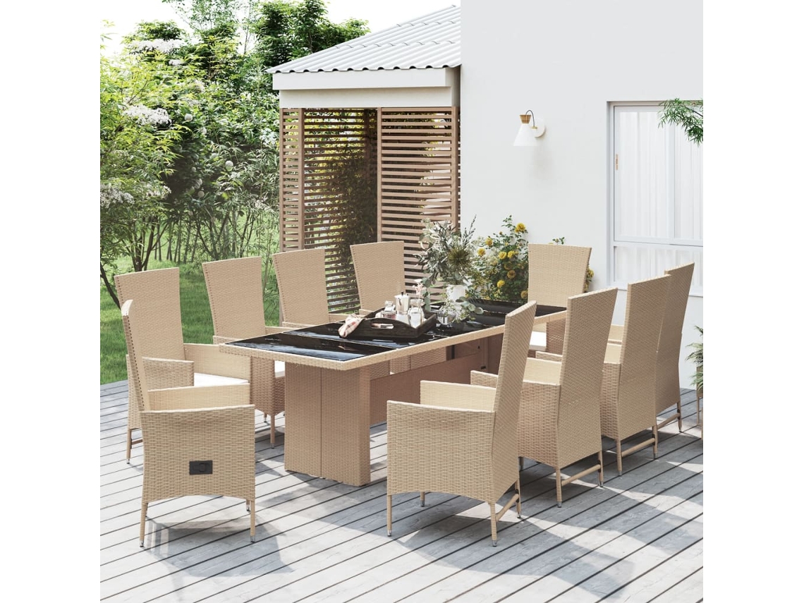 Juego de comedor de jardín de 11 piezas con cojines, mimbre sintético beige, DKD Home Decor