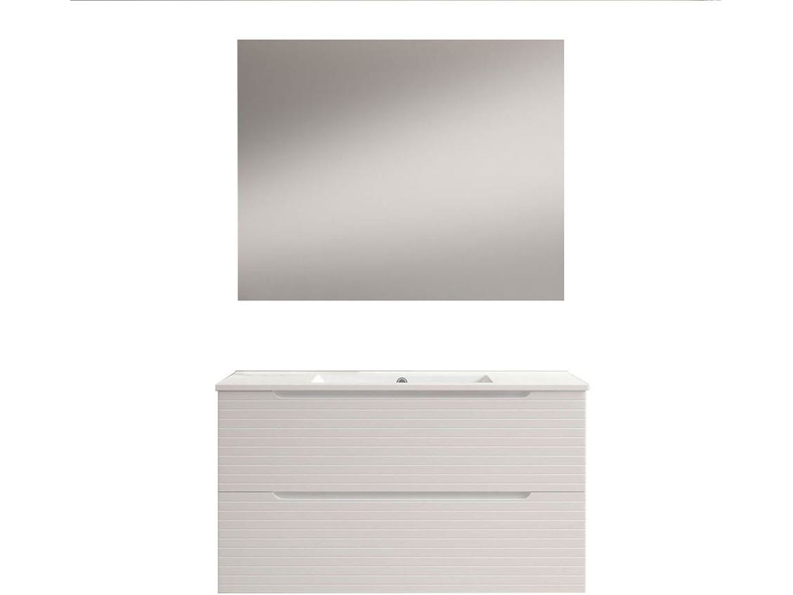 Mueble de baño con Lavabo, Espejo y Aplique LED BOREAL 80x45 cm acabado Blanco mate 2 cajones suspendido