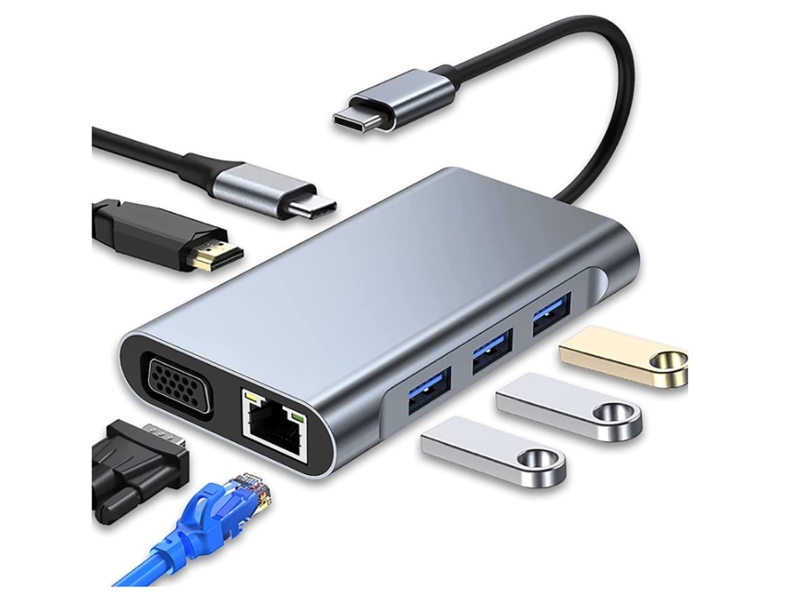 Adaptador multipuerto USB-C 7 en 1 con HDMI 4K, VGA, USB 3.0, 100 W, PD, RJ45, Ethernet, plateado Lalamoli