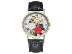 Reloj De Pulsera Zhoulianfa Para Mujer, Estampado Floral, Piel Sintética, Cuarzo, Esfera Redonda, Negro.