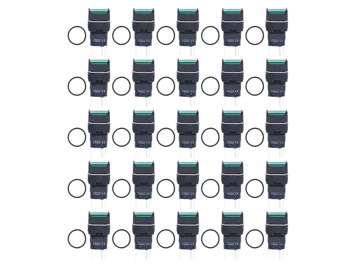 Kit De 25 Interruptores Pulsadores Momentáneos Cuadrados De 16 Mm Con Bloqueo Automático Y Luz Verde De 12 V.