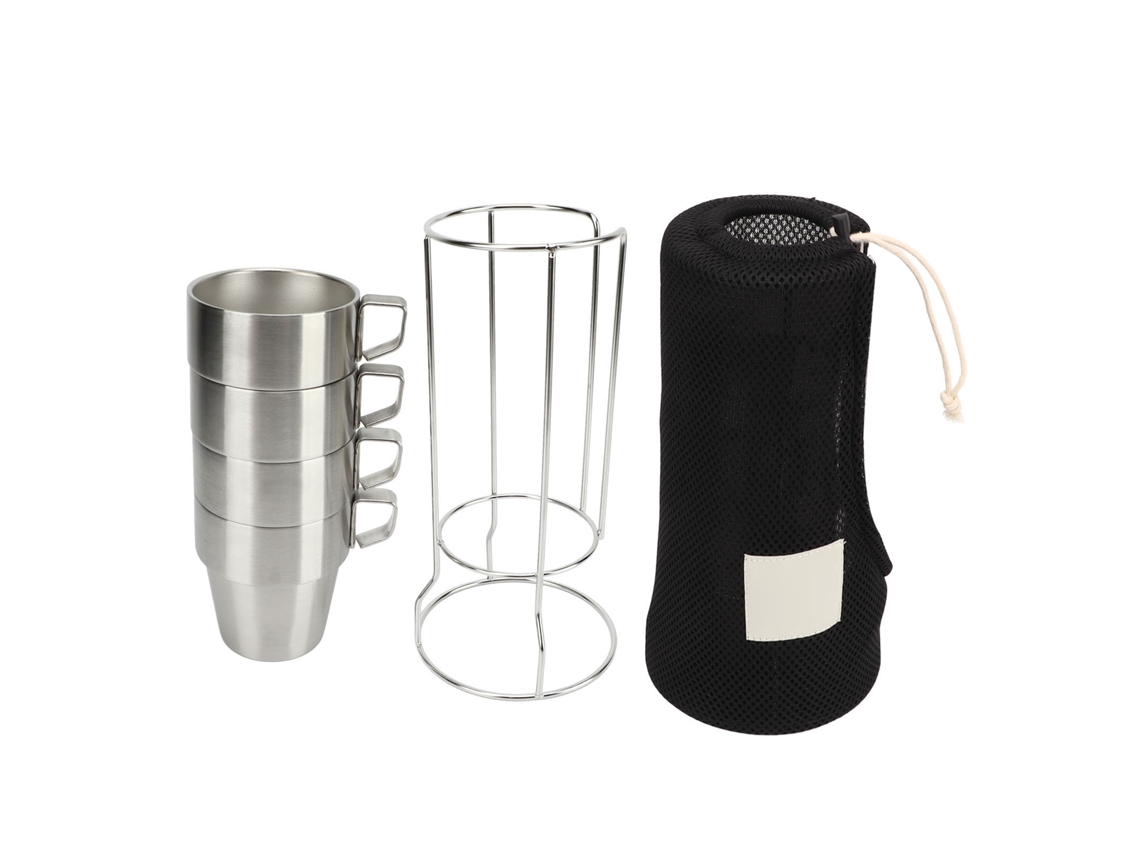 Vasos de camping de acero inoxidable, 4 unidades, color plata, apilables.