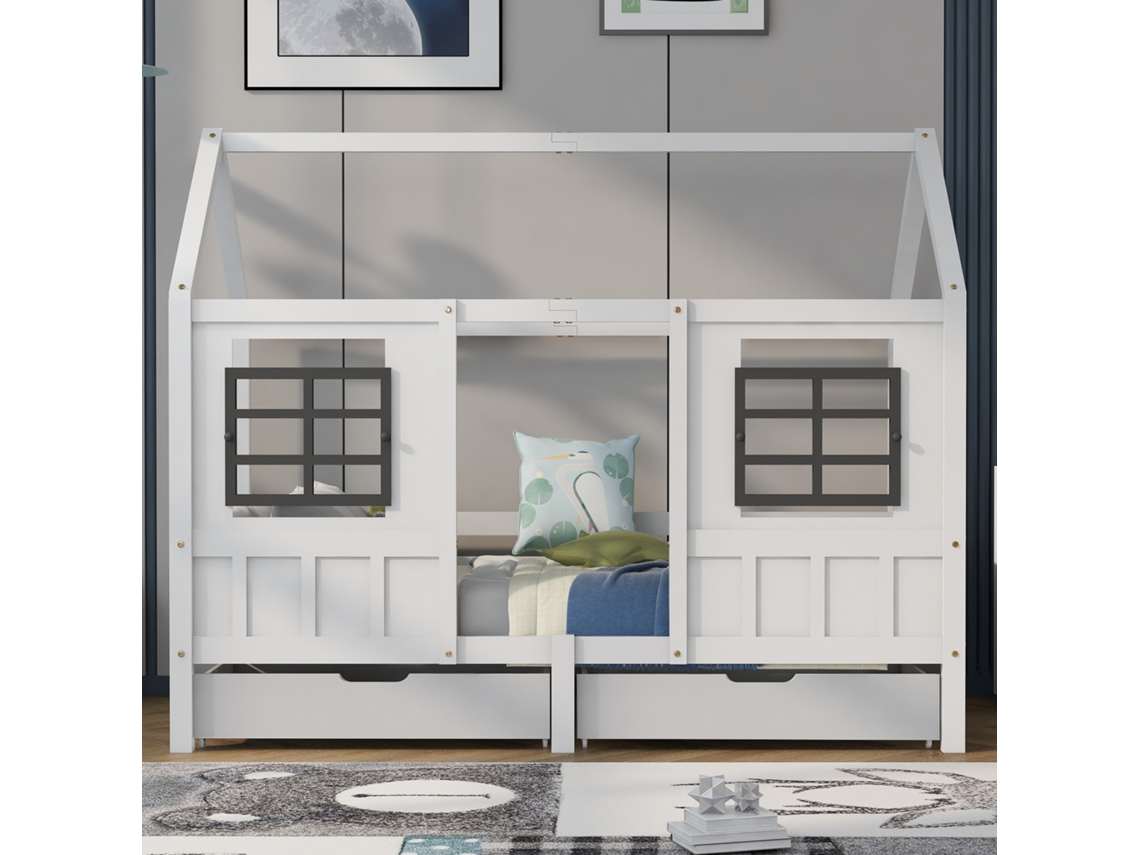 Cama Con Forma De Casita De Madera De 90x200 Cm Con 2 Cajones Y 2 Ventanas, Color Blanco.