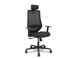 Silla de oficina Mardos con mecanismo sincronizado, tapizada en tela negra. Equipada con soporte lumbar 1D, reposabrazos 1D, reposacabezas 2D y ruedas de nailon de 65 mm.
