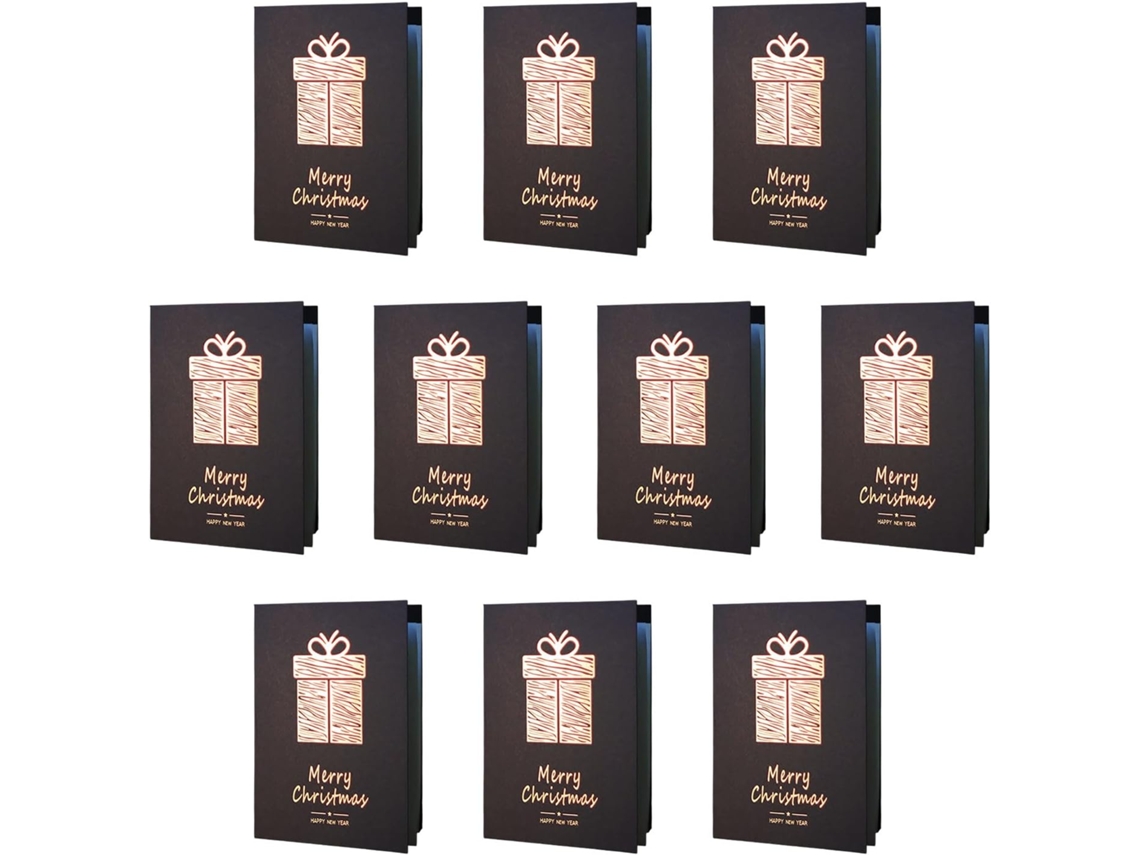Paquete de 10 elegantes tarjetas navideñas con detalles en lámina dorada.