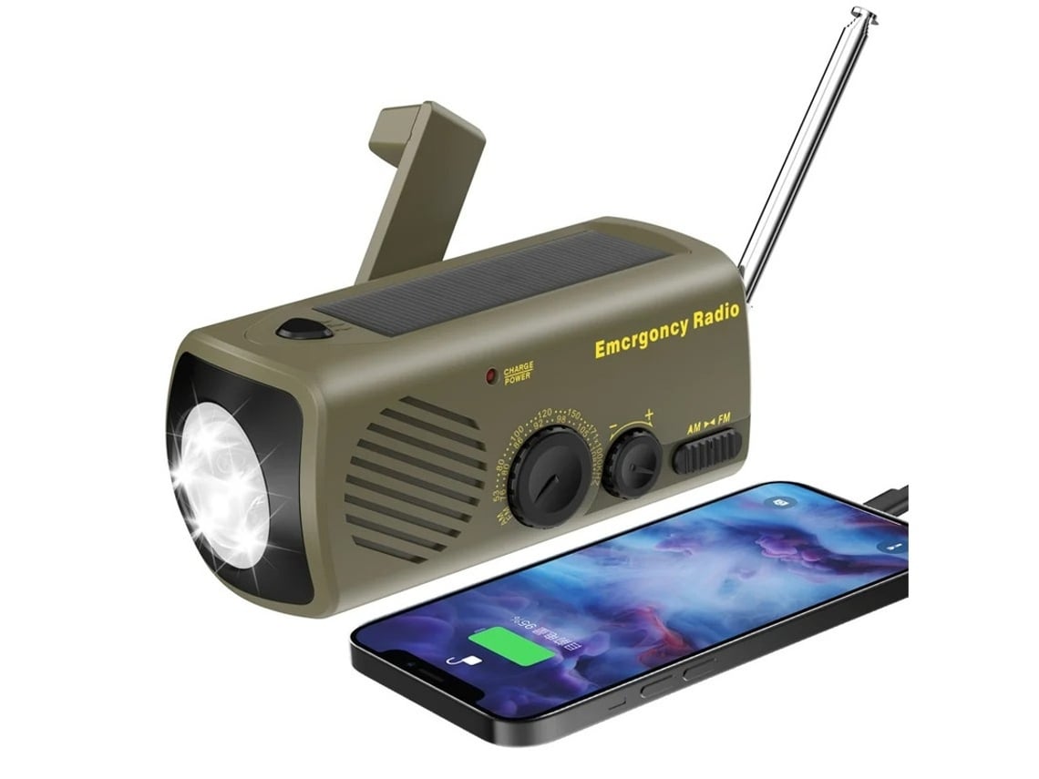 Radio solar con manivela YIZHOOD de 3000 mAh con linterna de emergencia multifuncional, color verde militar