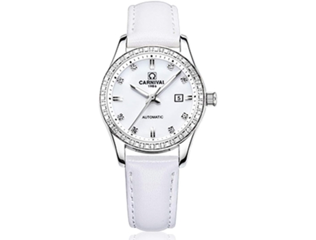 VEANXIN Reloj impermeable con correa de cuero para mujer con diamantes de imitación-Cinturón blanco-plateado
