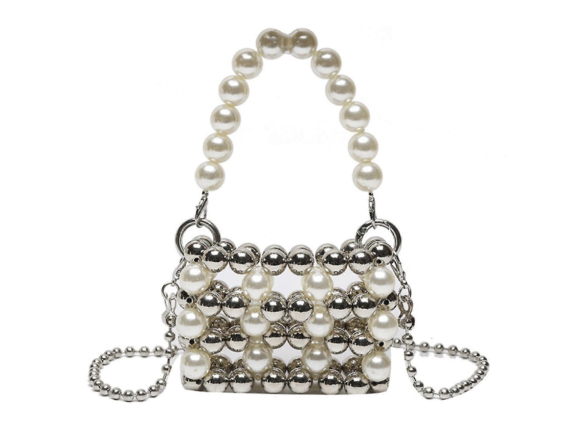 Bolso bandolera de perlas, bolso de mano con cuentas blancas, bolso bandolera de perlas, plateado