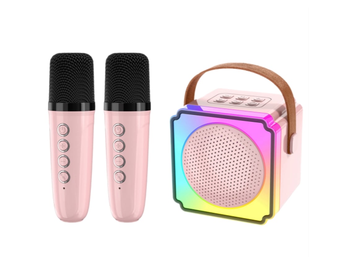 Máquina de karaoke portátil SSTRWGOOD para niños con 3 micrófonos inalámbricos y luces LED rosas