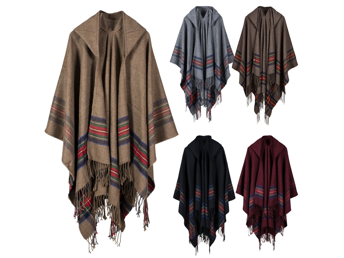Poncho De Mujer Extragrande A Rayas Con Cuello, Ribete De Borlas Y Capucha Para Invierno.