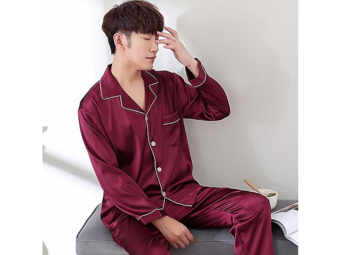 Conjunto De Pijamas De Seda Negra Para Hombre Con Cuello Volteado Manga Larga Tallas L Xl Xxl Xxxl Xl Pijama Rojo Para Hombres