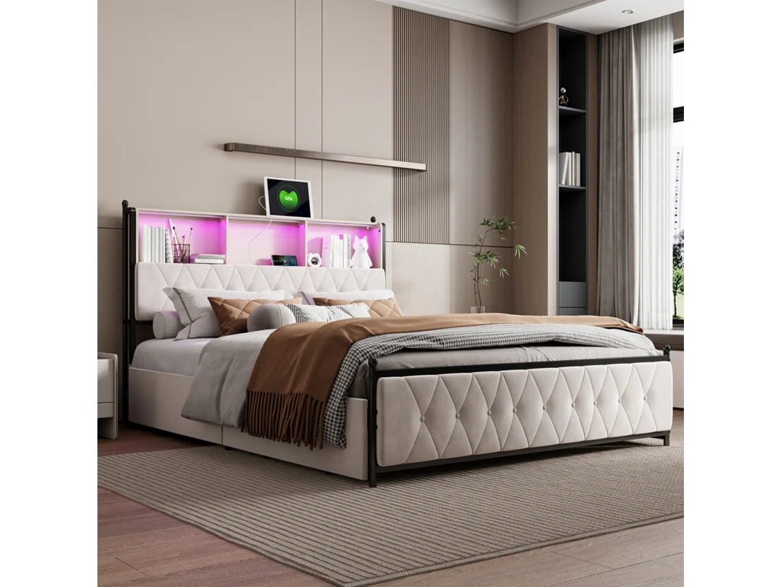 Cama Tapizada 160 X 200 Cm, Cama De Matrimonio Con Iluminación Led Y Conexión Usb, Con 4 Cajones Y Cabecero Con Almacenaje, Terciopelo Beige
