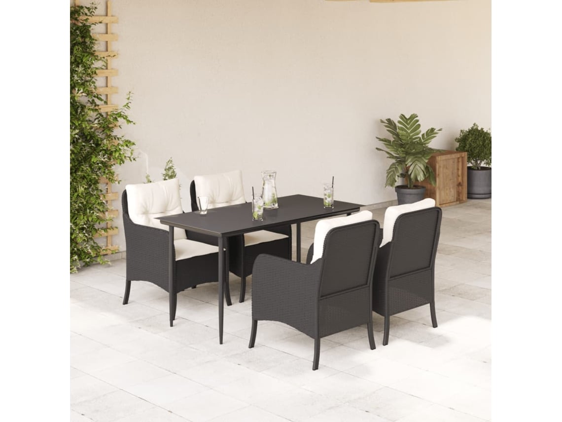 Juego de comedor de jardín de 5 piezas con cojines, mimbre sintético negro, DKD Home Decor