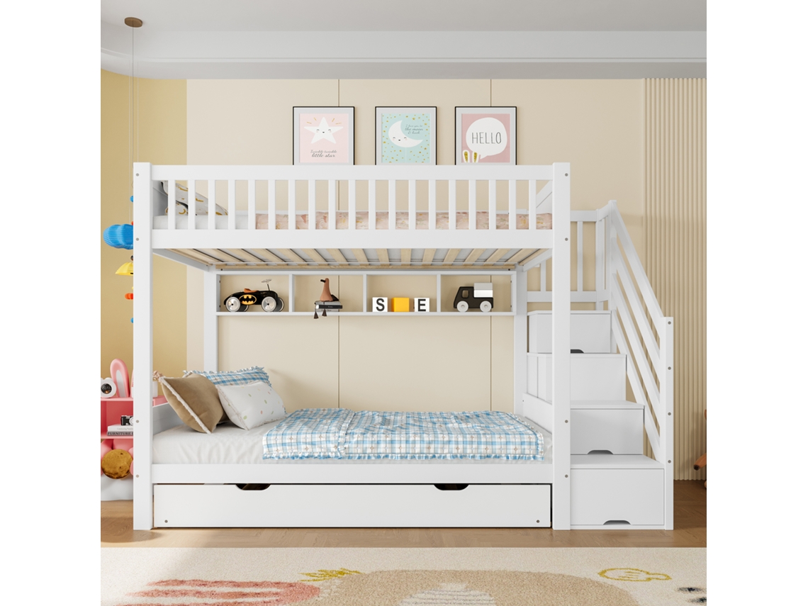 Litera infantil de 90 x 200 cm con cama supletoria, estantes, armario y compartimentos de almacenaje, color blanco Mobrio