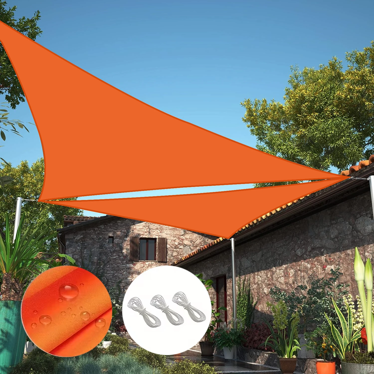 (naranja, 4x4x4m) Toldo Triangular Portátil, Fácil De Instalar, Apto Para Piscinas Y Patios.