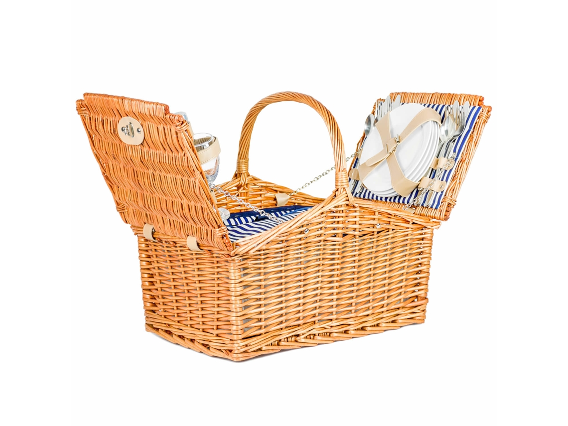 Cesta de picnic para 4 personas con vajilla y termo en ratán claro B.active
