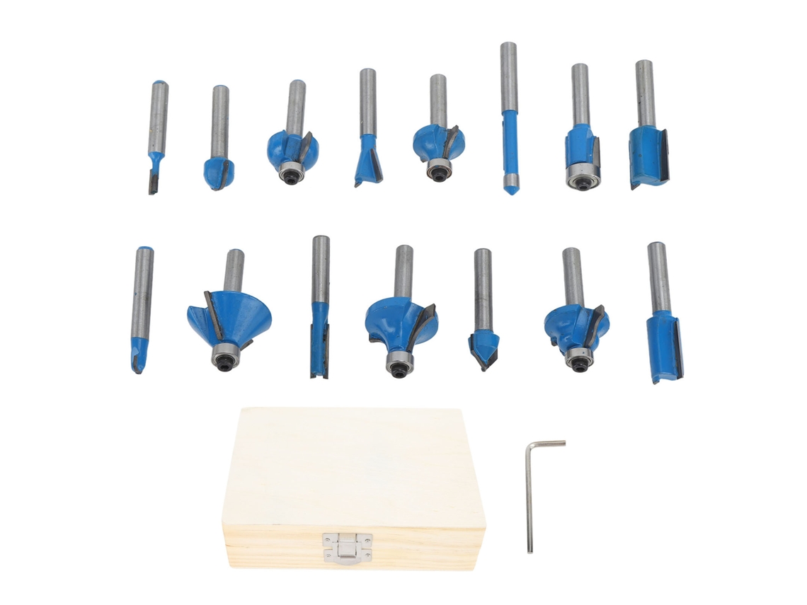 Juego de 15 brocas para enrutador de madera con vástago de 1/4 de pulgada, de acero al carbono y pino, profesionales, de alta precisión, para bricolaje, carpintería, color azul.