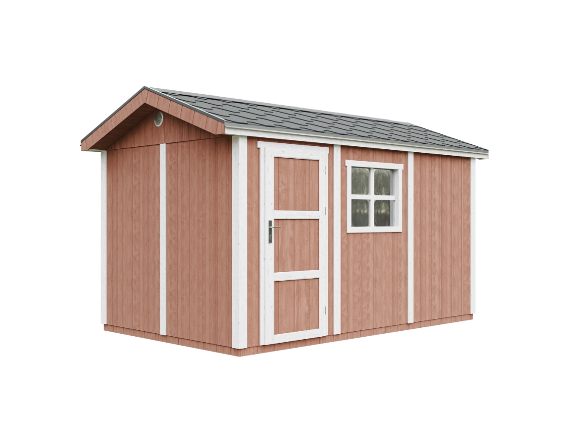 Caseta de jardín de primera calidad de 8,68 m² (alto x ancho x alto): 252 x 250 x 412 cm, con suelo y baldosas bituminosas Timbela M914 Redwood Red