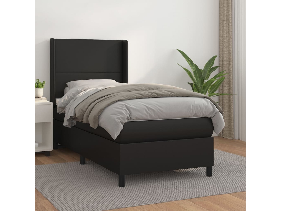 Cama Box Spring Con Colchón Cuero Sintético Negro 90x190 Cm