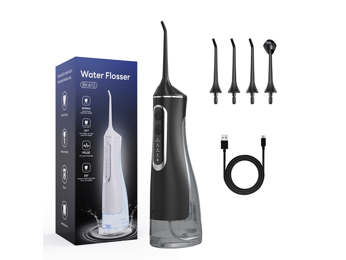 Draagbare Wasserflosser 4 in 4 Tips 1.800 Waterstoten/minuto Grote Tank Van 320 Ml 360° Draaibare Spuitmond ZYBLSSBB (negro)