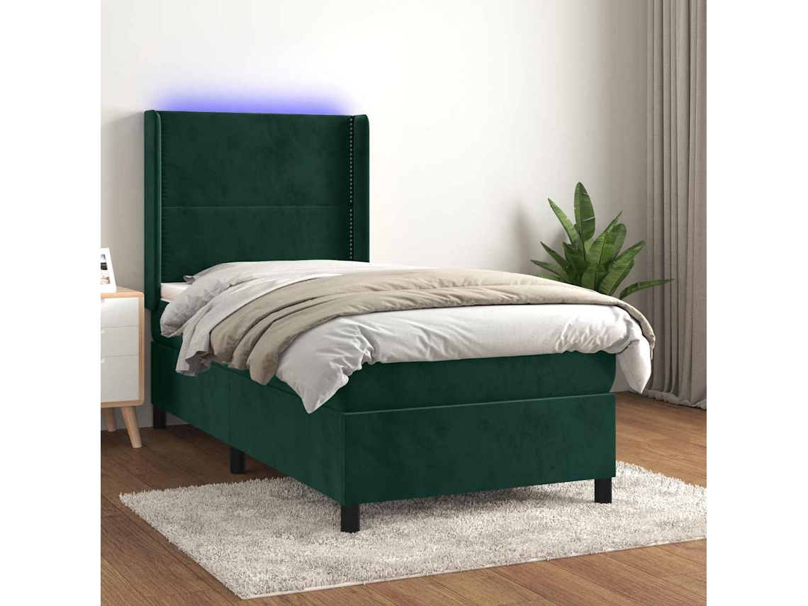 Syfax™ Cama Box Spring Colchón Y Led Terciopelo Verde Oscuro 90x190 Cm
