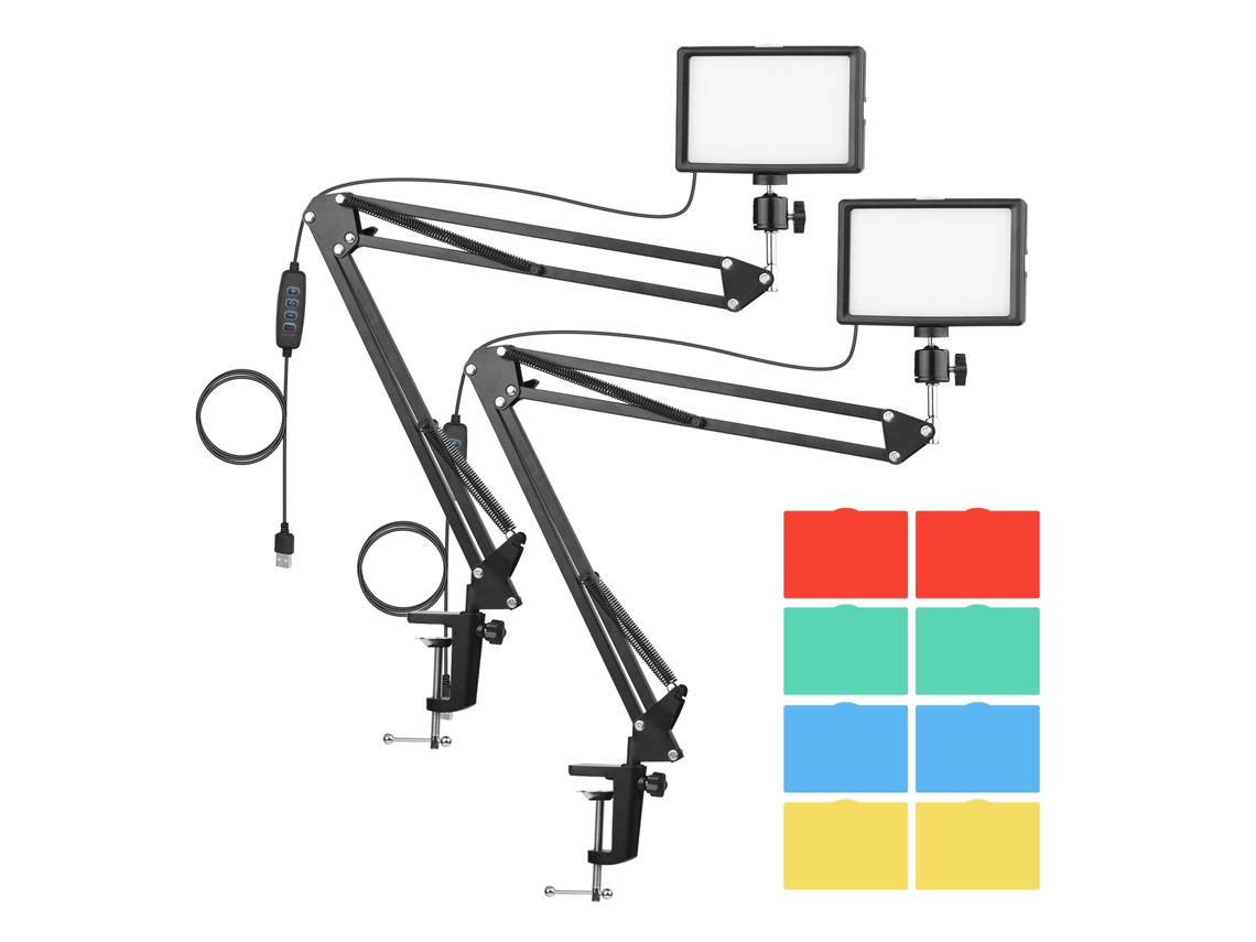 Kit De Iluminación Para Reuniones En Línea Con 2 Luces Led Ajustables 3200k-5600k, Soporte De Mesa Y Filtros De Color Para Streaming Y Grabación