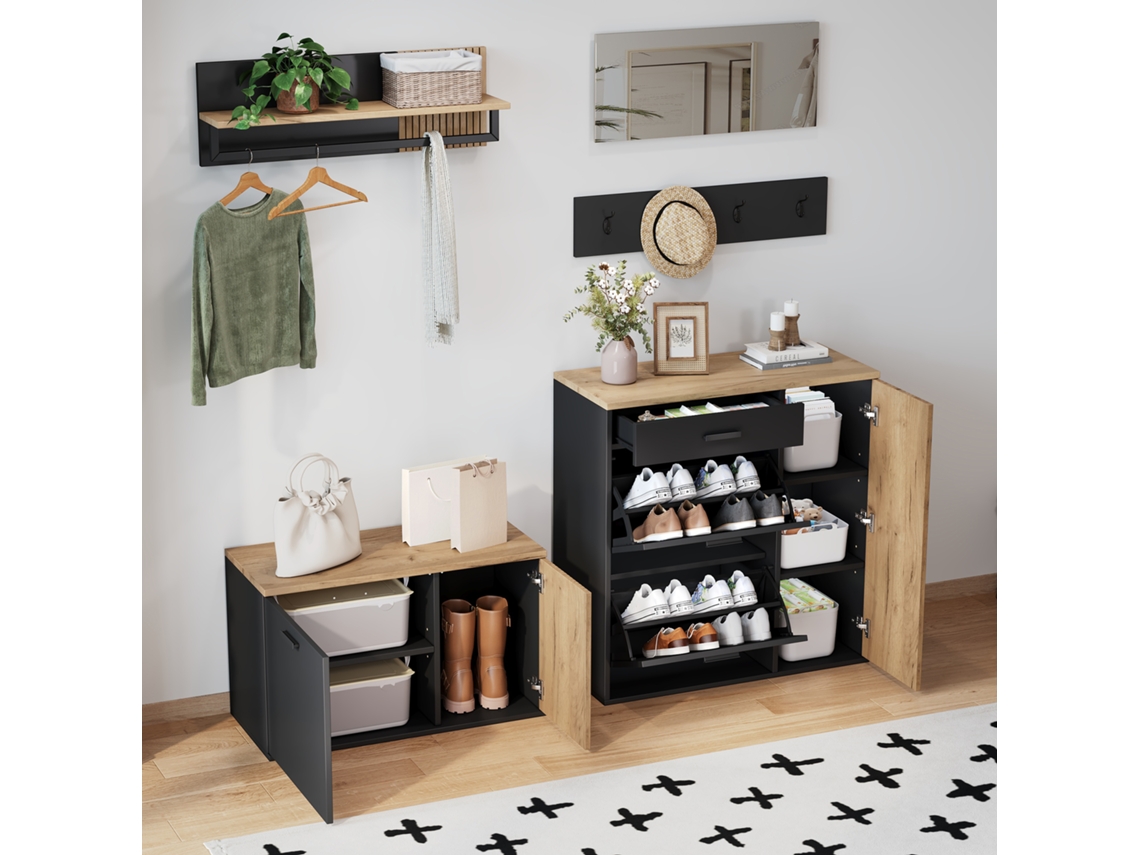 Mueble Recibidor 2 Zapateros - Panel Con Espejo, Estante Para Sombreros Y 4 Ganchos - Natural