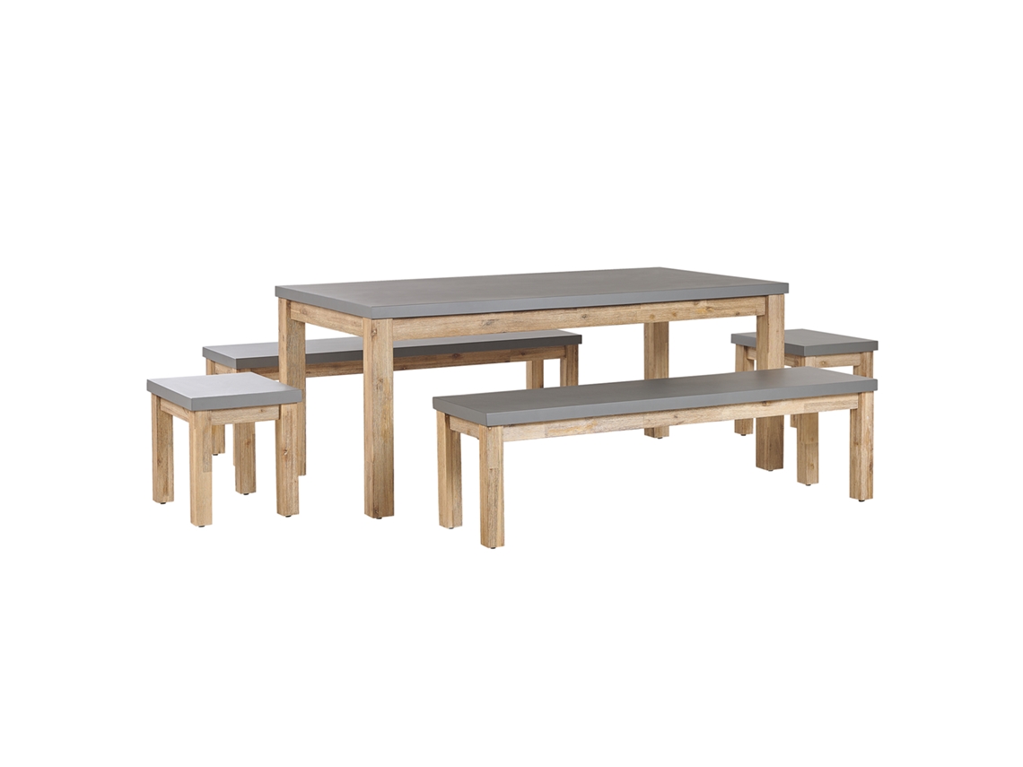 Conjunto de jardín mesa 2 bancos y 2 taburetes de cemento reforzado gris/madera clara BELIANI Ostuni