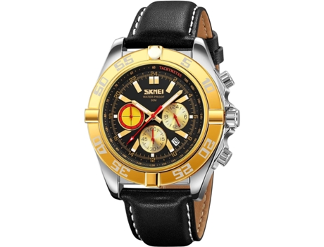 VEANXIN Retro Cronógrafo Fecha Correa de cuero Reloj de pulsera impermeable para hombres-Oro Plata Blanco