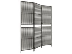 Biombo separador de ambientes, 3 paneles en resina tejida gris y acero Dec030769