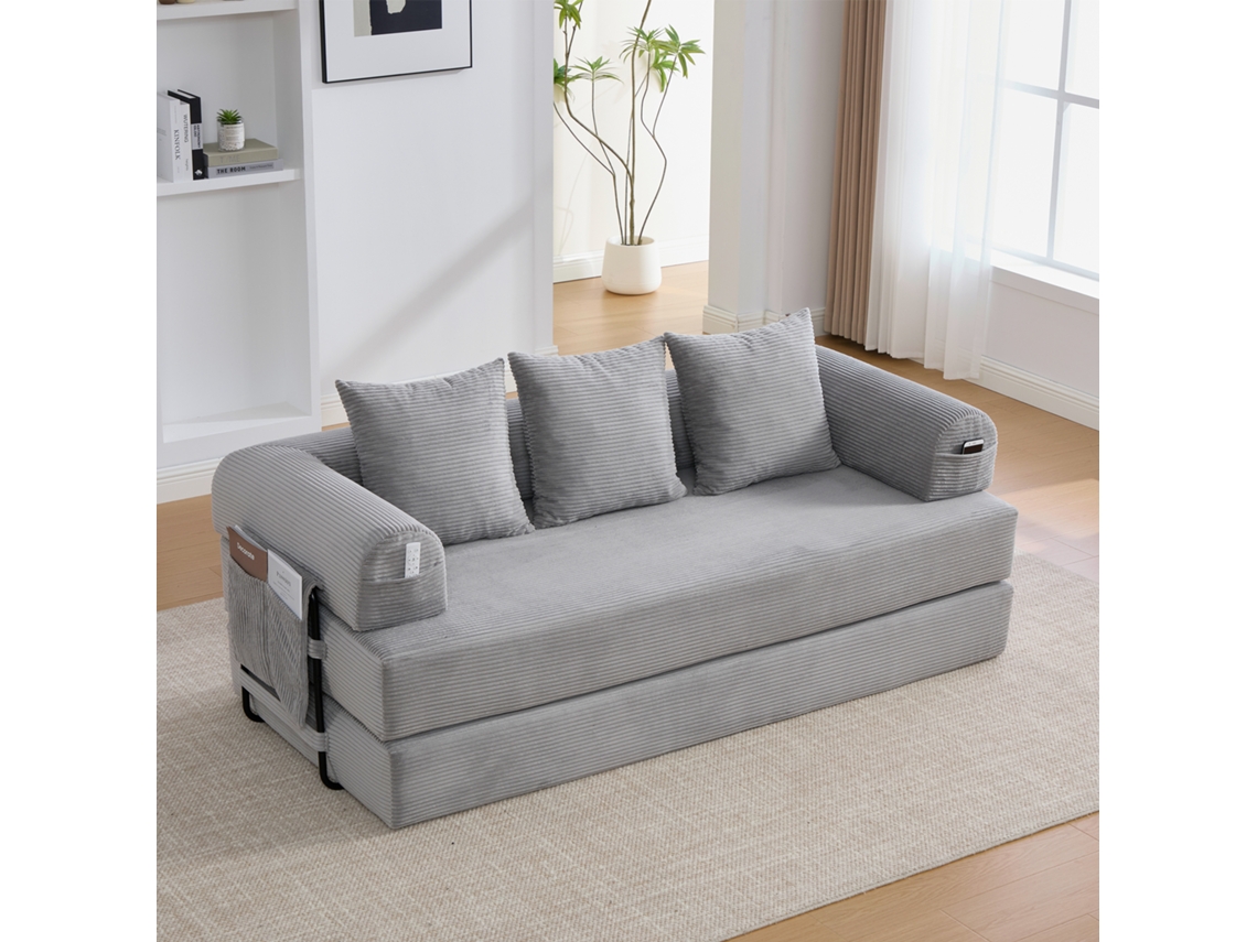 Sofá Compresible 3 Plazas - Estructura Metálica, 3 Cojines, Bolsillos Laterales - Gris Claro