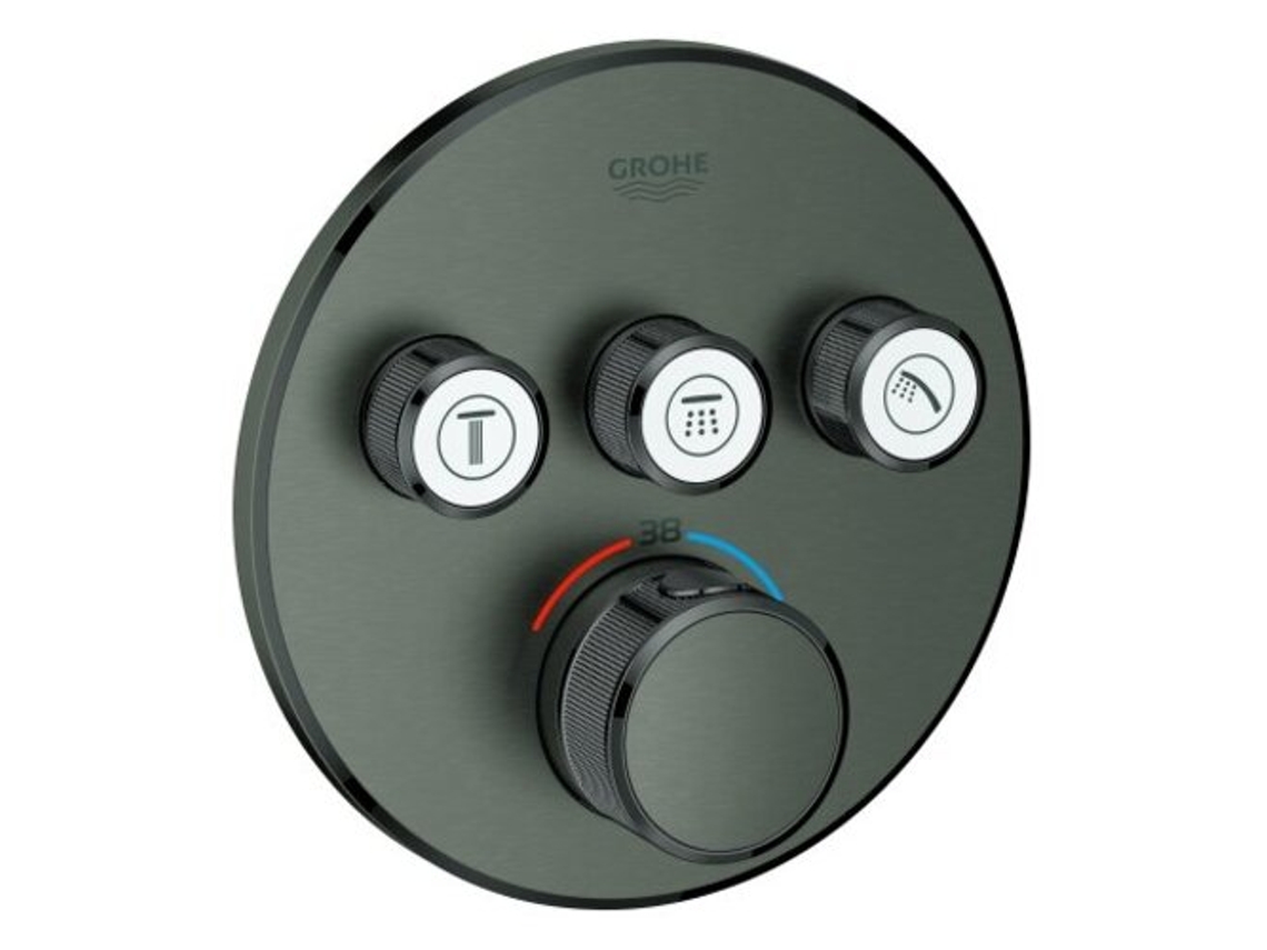 Termostato GROHE Grohtherm SmartControl con tres válvulas de cierre, rosetón de pared redondo, Color: grafito duro cepillado