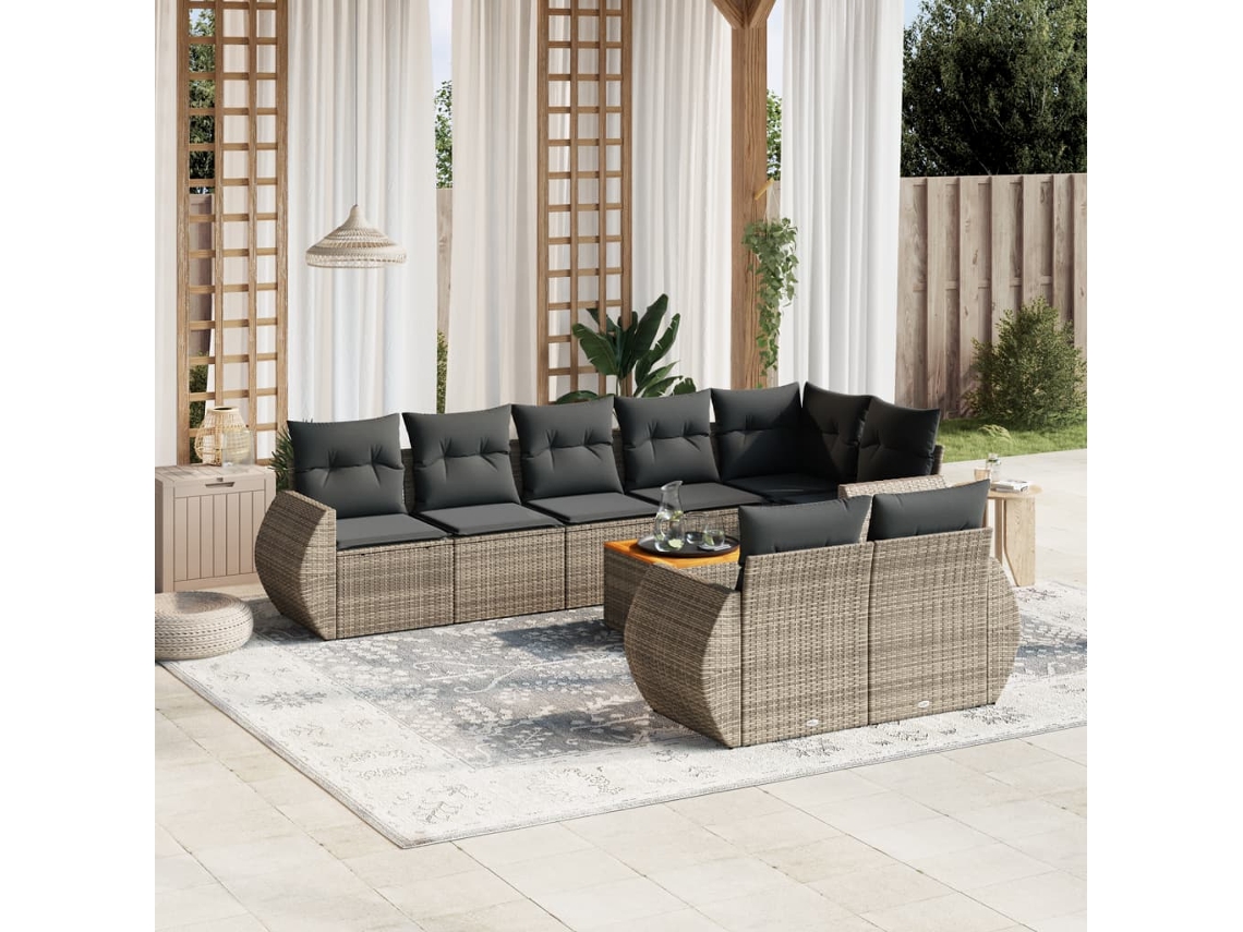 Conjunto de sofá de jardín de 9 piezas con cojines, mimbre gris, DKD Home Decor