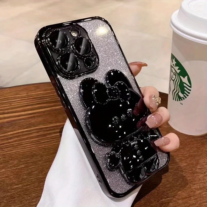 (para Iphone 15 Plus Negro) Funda Para Teléfono Con Diseño De Conejo Con Efecto Espejo Y Acabado Degradado, Con Soporte, Material Tpu Suave.