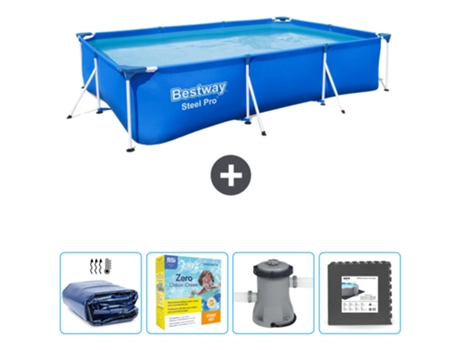 Piscina BESTWAY Rectangular Steel Pro - 300 x 201 x 66 cm - Azul - Incluida Vela solar - Paquete de mantenimiento - Bomba - Baldosas