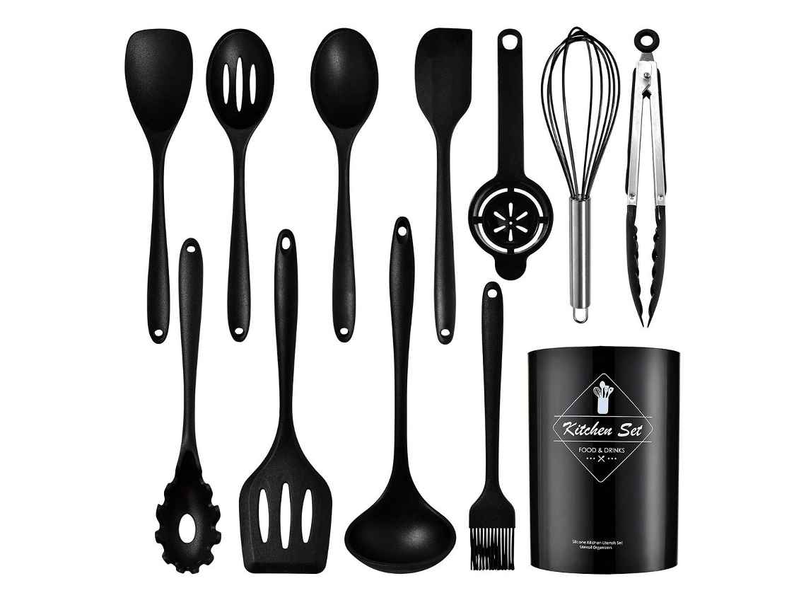 Juego de utensilios de cocina de silicona, aptos para sartenes antiadherentes, 12 piezas. Negro. Sin BPA.