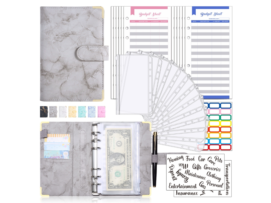 Cuaderno Siurn A6 de hojas sueltas de cuero sintético con sobres para presupuestos de efectivo en gris