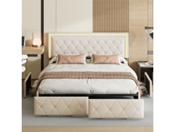 Cama De Matrimonio Con Cajones, Cama Inteligente 160x200 Cm Con Luz Led Rgb Y App, Cabecero Tapizado En Pu Beige