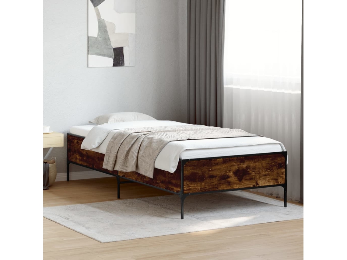 Estructura Cama Madera Ingeniería Metal Roble Ahumado 90x200 Cm