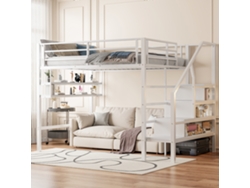 Cama alta, 140*200cm, con estantes, escalera de almacenaje, espacio debajo de la cama para guardar ropa, nivel de protección, sin colchón.