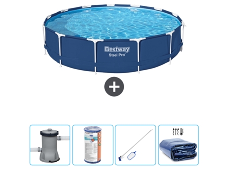 Piscina BESTWAY Round Steel Pro - 396 x 84 cm - Azul - Bomba incluida Filtrar - kit de limpieza - Vela solar