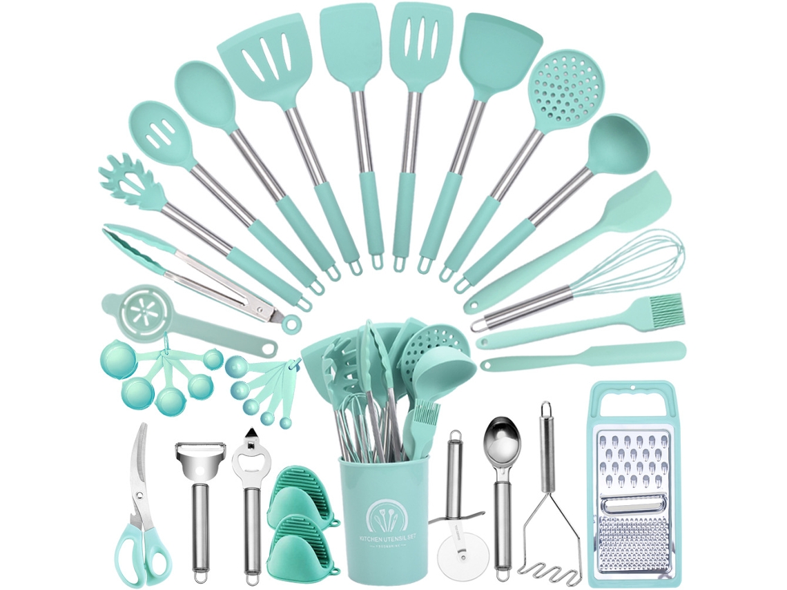 Juego de utensilios de cocina de silicona antiadherente de 35 piezas con soporte Digitallab (verde)