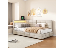 Sofá Cama Individual 90x200 En Tela De Lino Beige Con Cabecero L, Luz Led Regulable, Cajones Y Carga Usb/type-c