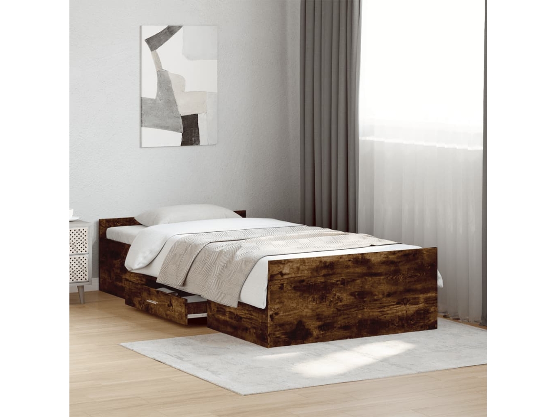 Cama Con Cajones Madera De Ingeniería Roble Ahumado 75x190 Cm