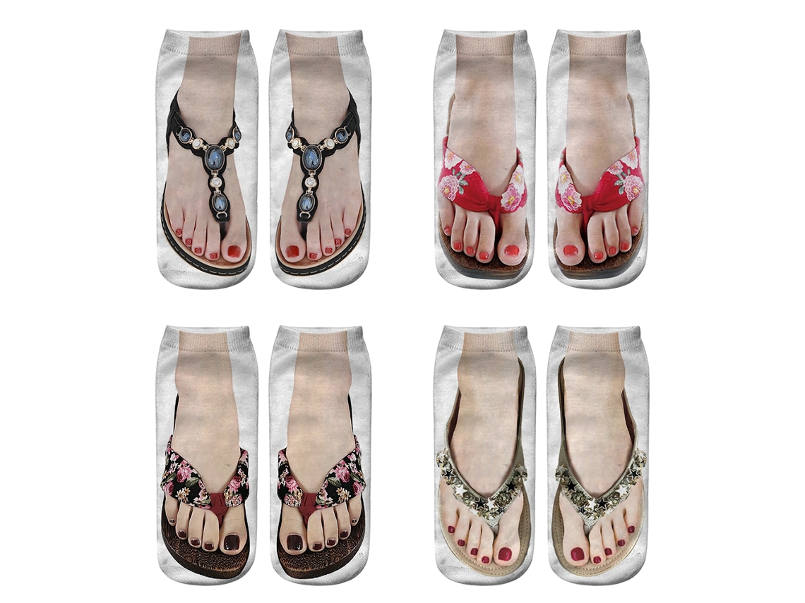 4 Pares De Calcetines Tobilleros Para Mujer Con Divertido Estampado 3d, Estilo Chanclas, Calzado Casual/deportivo.