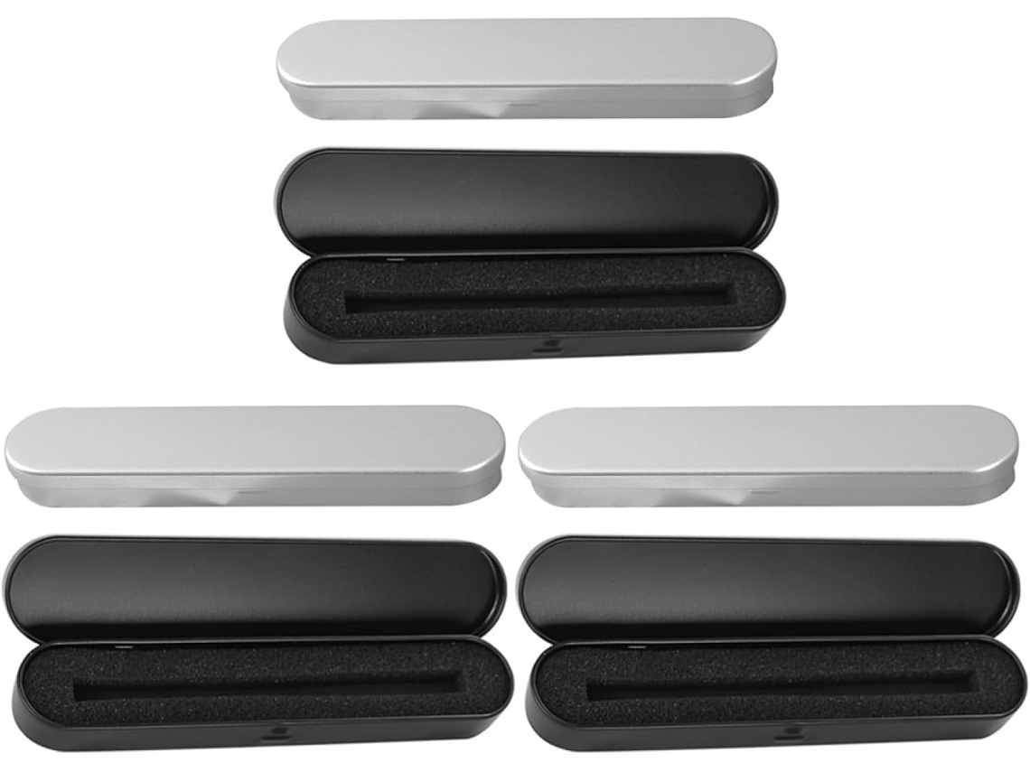 Estuche Metálico Para Bolígrafos De 6 Piezas, Rectangular, Con Forro Plateado Y Negro.