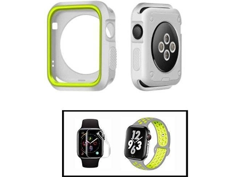 Carcasa Military + Correa SportyStyle + Protector de Hydrogel PHONECARE Apple iWatch Series SE - 44mm Gris y Verde Fluorescente