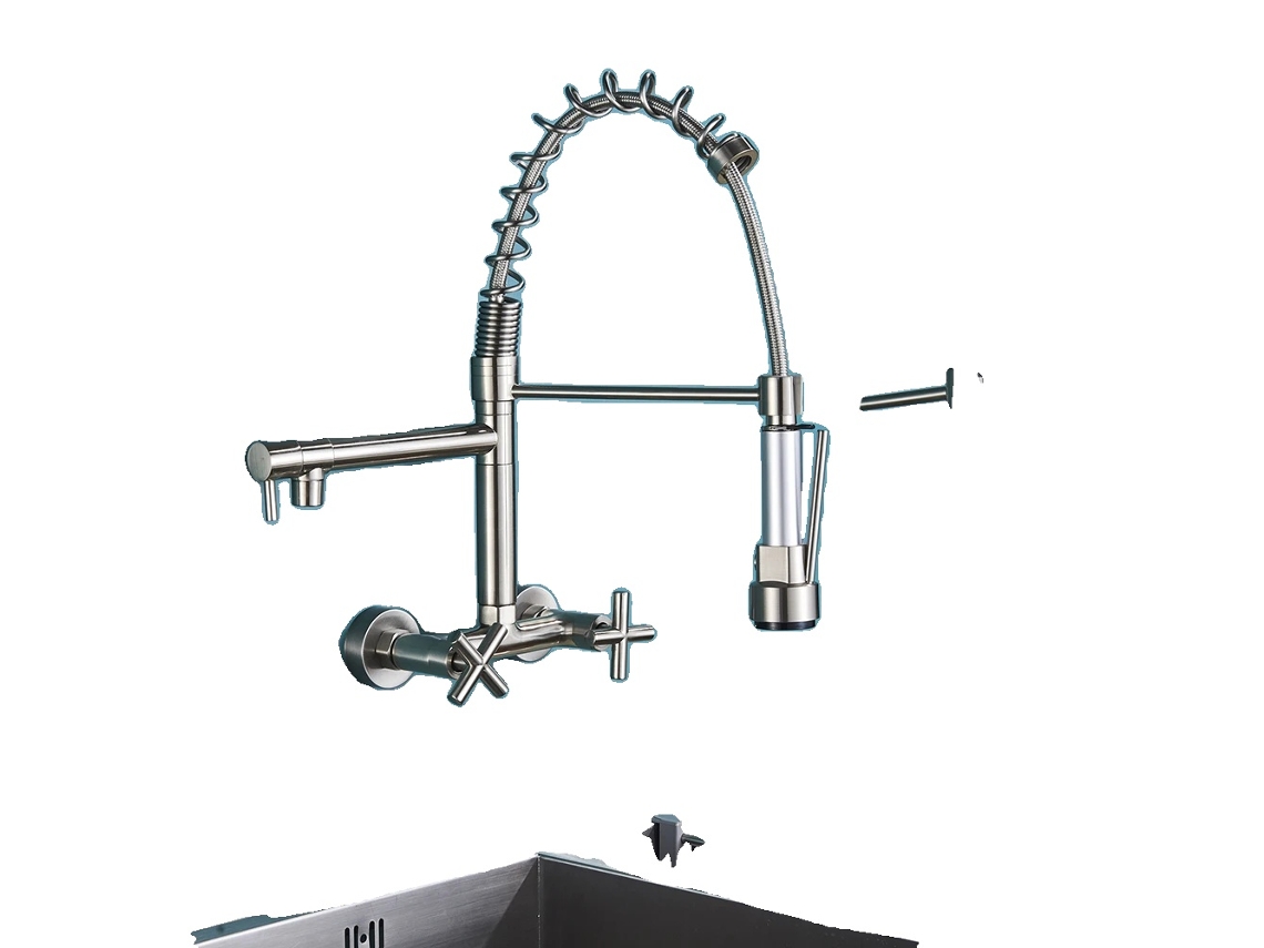 Grifo de cocina con doble manija y caño giratorio de 360 grados, hebilla cepillada OEM